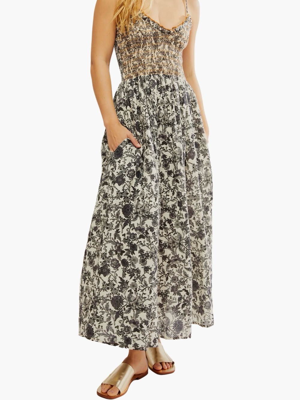 Free People Floral Smocked Maxi Skirt in Black and Cream